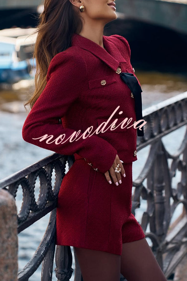 Sweet Dreams Tweed Bow Neck Button Long Sleeve Pocket Crop Jacket