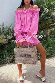 Arnell Linen Blend Off Shoulder Balloon Sleeve Shirt and Elastic Waist Layered Shorts Set