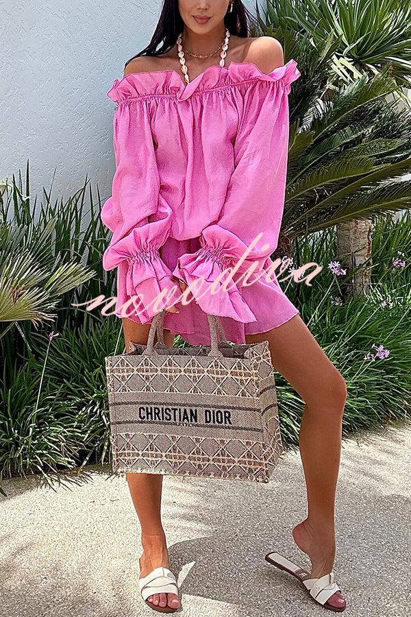 Arnell Linen Blend Off Shoulder Balloon Sleeve Shirt and Elastic Waist Layered Shorts Set