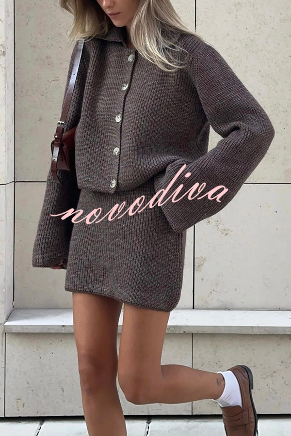 Fashion Lapel Bell Sleeve Knitted Cardigan and Casual Mini Skirt Set