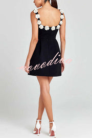 Cindy Faux Pearl Flower Applique Square Neck Pocketed Mini Dress