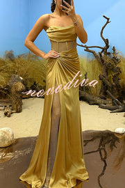 Essie Satin Rhinestone Patchwork Twist Waist Strapless Slit Maxi Dress