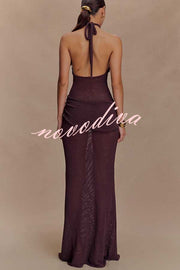 Quiet Confidence Knit Ruched Hip Halter Backless Stretch Maxi Dress