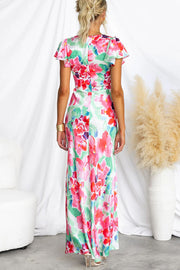 Say I Do Satin Floral Print Cap Sleeves Maxi Dress