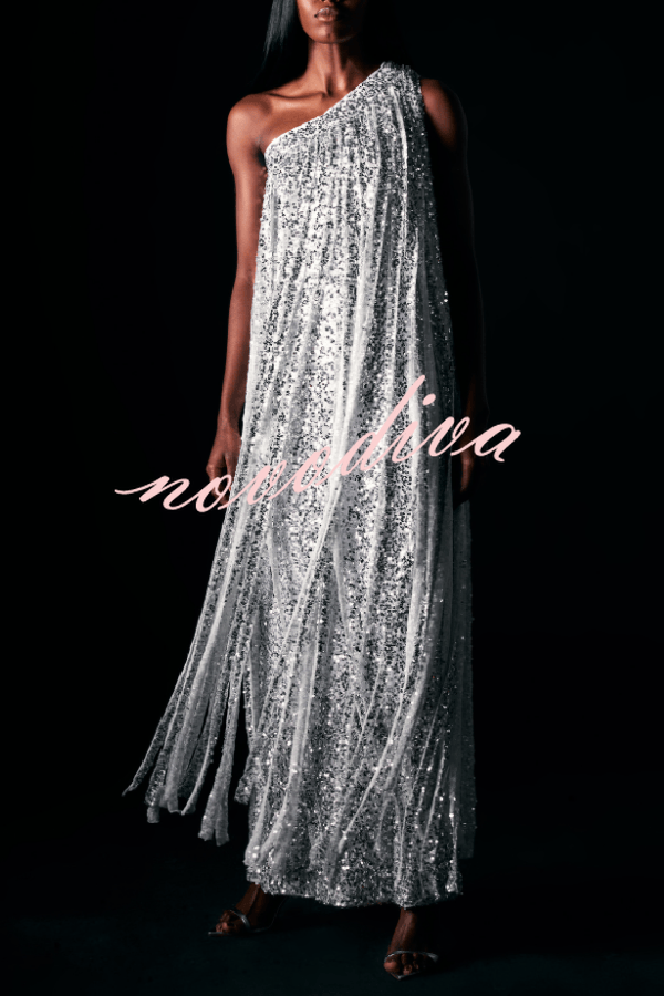 Holiday Muse Sequined Slit Tassels One Shoulder H-line Maxi Dress