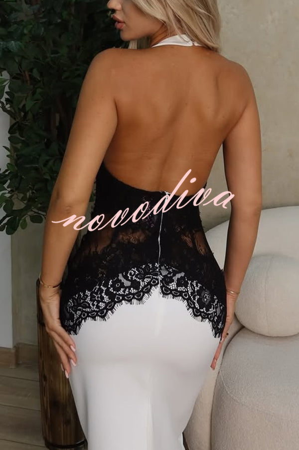 Sexy Halterneck Lace Paneled Backless Slim Maxi Dress