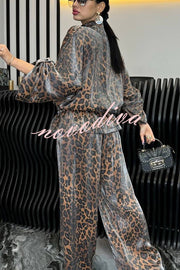 Leopard Print Drawstring Waist Zipper Jacket and Elastic Waist Pocket Loose Pants Set