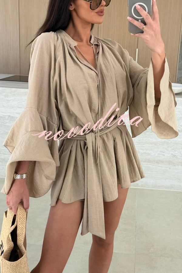 Molly Linen Blend Tiered Bell Sleeve Tie-up Cover-up Mini Dress