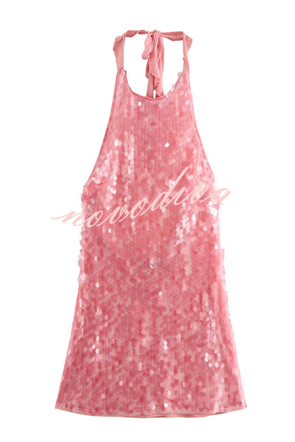 Sexy Rose Disc Sequin Halter Backless Mini Dress