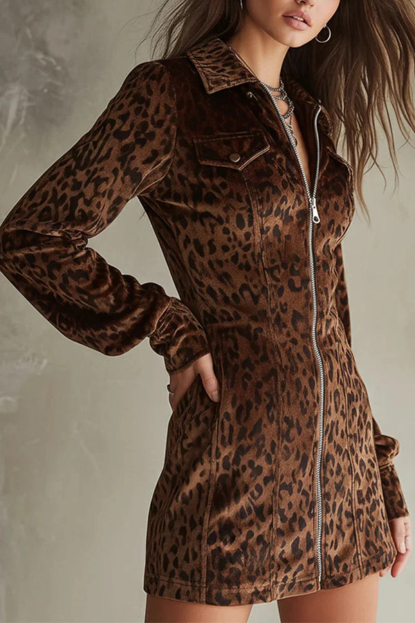 Stylish Leopard Print Suede Collar Zip-up Long-sleeved Slim-fit Mini Dress