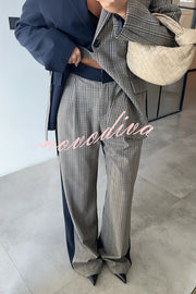 Nayla Plaid Contrast Color Belted Long Sleeve Lapel Blazer and Pocketed Wide Leg Pants Set