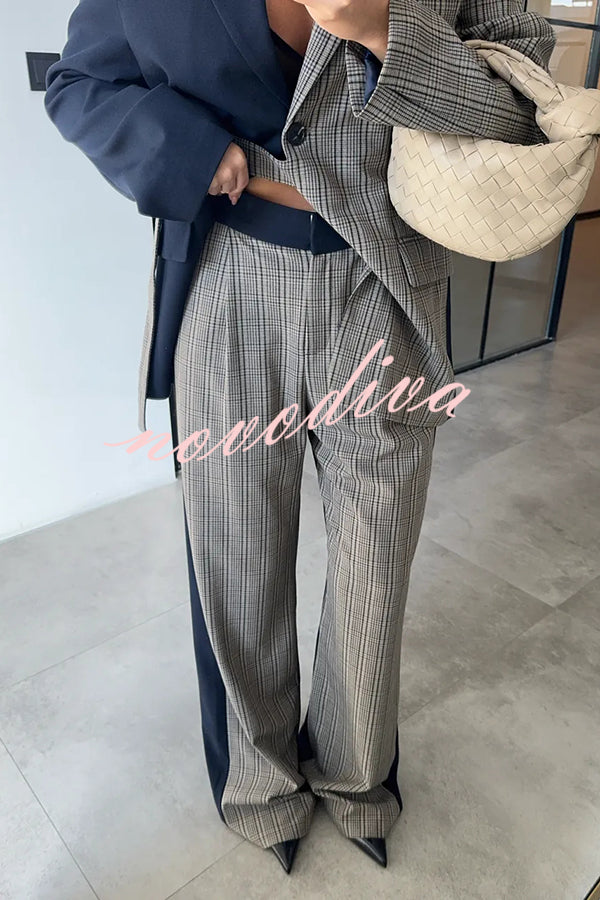 Nayla Plaid Contrast Color Belted Long Sleeve Lapel Blazer and Pocketed Wide Leg Pants Set