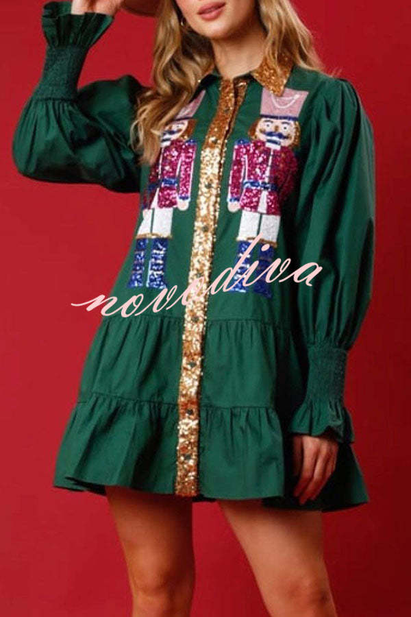 Nutcracker Sequined Button Down Long Sleeve Mini Dress