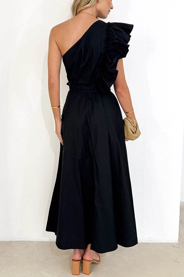 Solid One Shoulder Ruffled Sleeves Tie Waist Maxi Dress