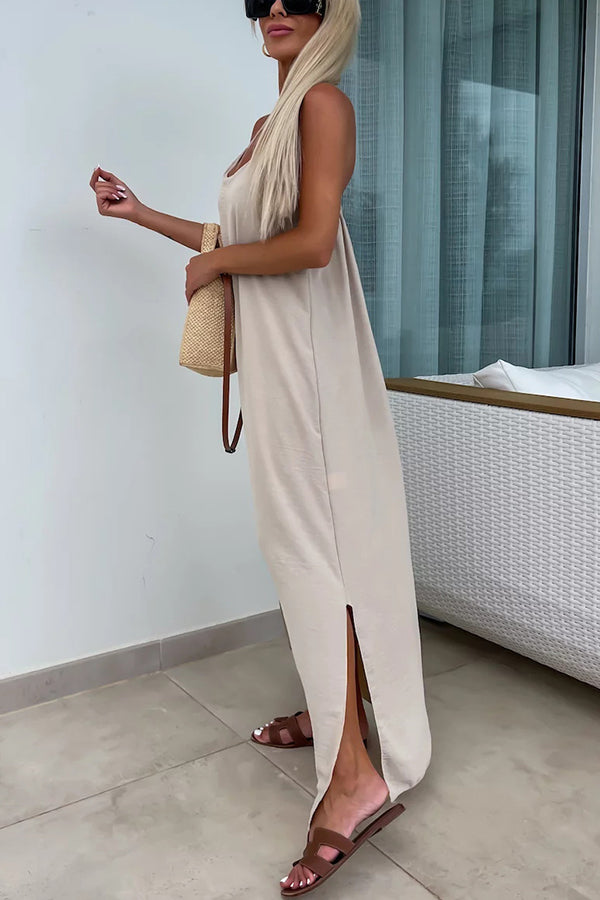 Solid Color Resort Style Spaghetti Strap Backless Maxi Dress