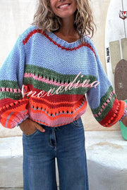 Rainbow Mood Multicolor Round Neck Hollow Long Sleeve Knitted Sweater