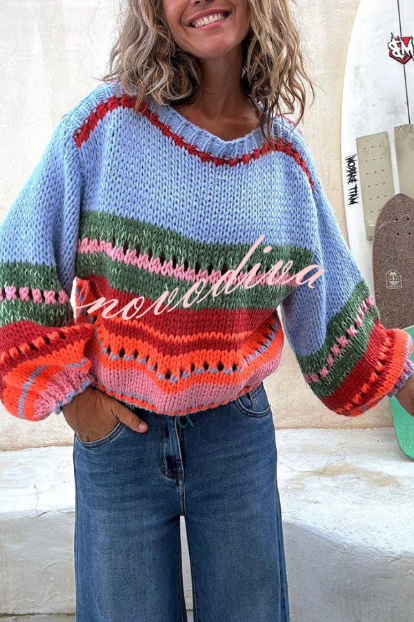 Rainbow Mood Multicolor Round Neck Hollow Long Sleeve Knitted Sweater