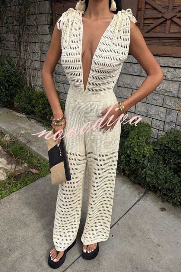 Solid Color Knitted V-neck Holiday Hollow Casual Jumpsuit