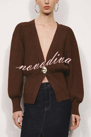 Only Yours Knit Metal Leaf Shape Button Lantern Sleeve Relaxed Cardigan