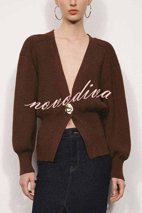 Only Yours Knit Metal Leaf Shape Button Lantern Sleeve Relaxed Cardigan