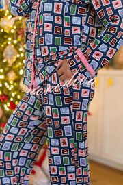 Postcards To Santa Unique Print Ruffles Trim Pocket Shirt and Elastic Waist Pajama Set
