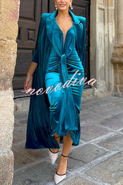 Olivienne Luxurious Velvet Padded Shoulders Slit Sleeve Lapel Midi Cape
