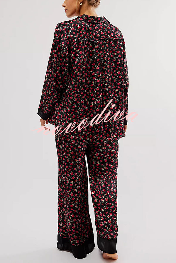 Unique Printed Lounge Long-sleeved Shirt and Elastic Waisted Baggy Pants Set