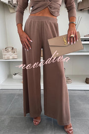 Solid Color Round Neck Long Sleeve Twist Crop Top and Elastic Waist Pocket Wide Leg Pants Set