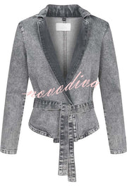 Casual Meetup Denim Stand Neck Long Sleeve Belted Loose Jacket