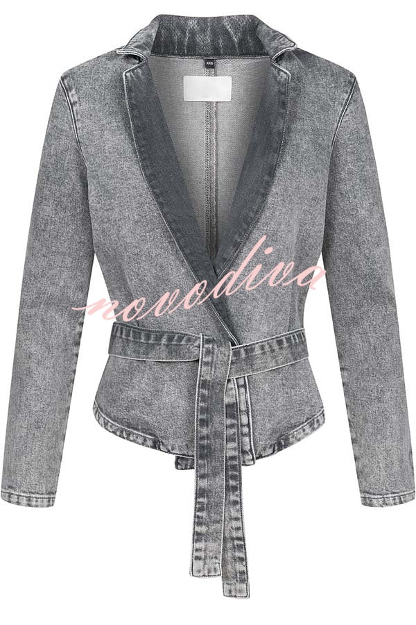 Casual Meetup Denim Stand Neck Long Sleeve Belted Loose Jacket