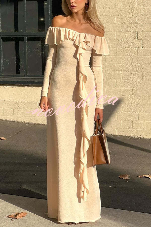 Darling Way Knit Off Shoulder Long Sleeve Drape Ruffles Slit Stretch Maxi Dress