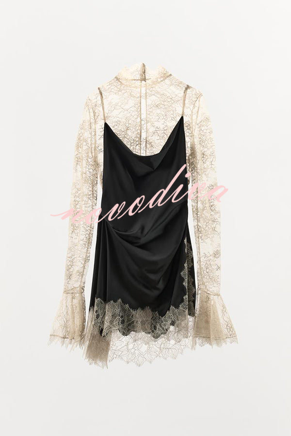 Gothic Romantic Lace Satin Patchwork High Neck Bell Sleeve Loose Mini Dress