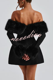 Cute and Luxe Faux Fur Trim Off Shoulder Bubble Shaped Mini Dress