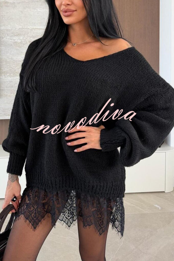 Comfy and Sweet Knit Lace Patchwork Hem Wide Neck Long Sleeve Loose Sweater