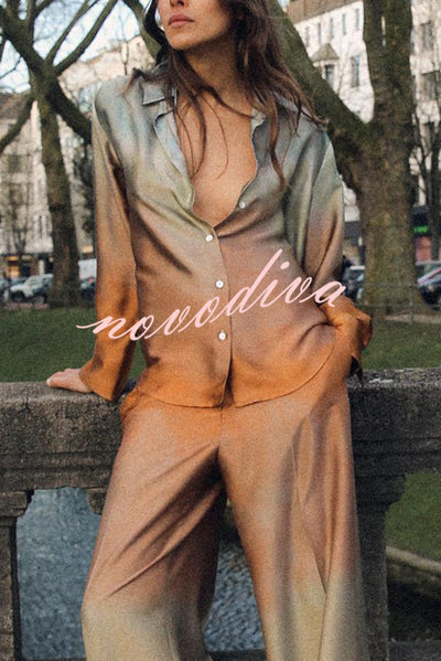 Fashionable Gradient Print Lapel Long Sleeve Casual Shirt