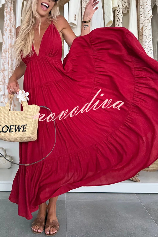 Bohemian Style V-neck Backless Slip Layered Vacation Maxi Dress