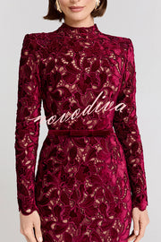 Diane Velvet Embroidered Floral Lace Long Sleeve Belt Scallop Edge Midi Dress