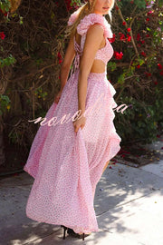 Wedding Dreams Chiffon Printed Flutter Sleeve Cutout Back Lace-up Maxi Dress