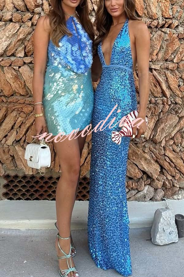 Mermaid Vibe Sequin Deep V-neck Backless Lace-up Maxi Dress