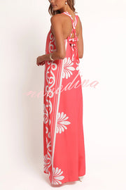 Unique Print Square Neck Open Back Tie Bow Holiday Maxi Dress