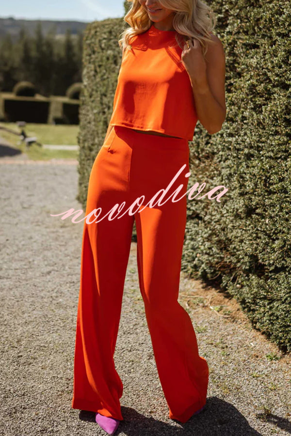 Modern and Elegant Solid Crop Tank and High Rise Flare Loose Pants Set