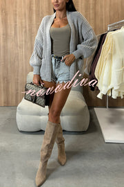 Solid Color V-neck Long-sleeved Casual Knitted Cardigan