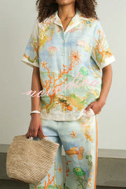 Unique Printed Lapel Short Sleeve Loose Shirt and Elastic Waist Casual Pocket Vacation Pants Set