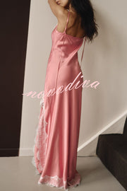 Breezy City Fall SatinLace Petal Trim Slip Tie-up H-line Slit Maxi Dress