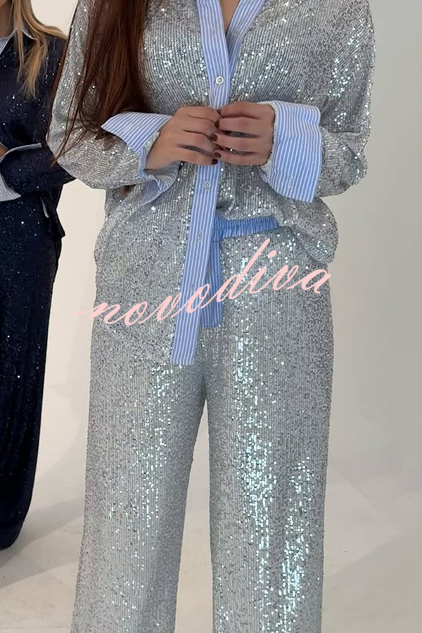 Fashion Sequined Loose Long-sleeved Shirt and Casual Elastic Waist Wide-leg Pants Set