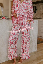 Christmas Night Satin Loose Shirt and Elastic Waist Pocketed Pajama Set