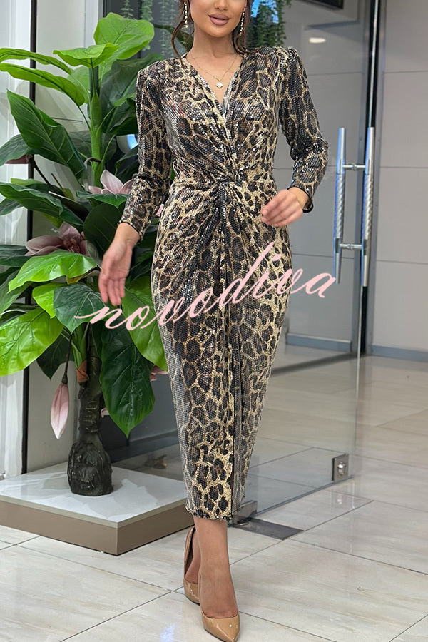 Dina Sequin Leopard Print Twist Detail Long Sleeve Stretch Midi Dress