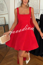 Red Drama Taffeta Square Neck Back Oversized Bow Pocket Mini Dress
