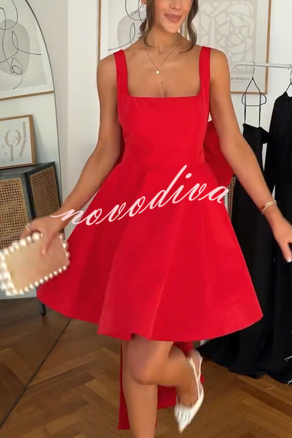Red Drama Taffeta Square Neck Back Oversized Bow Pocket Mini Dress
