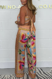 Parrot Satin Unique Print Scarf Tank and Elastic Waist Wide Leg Pants Set